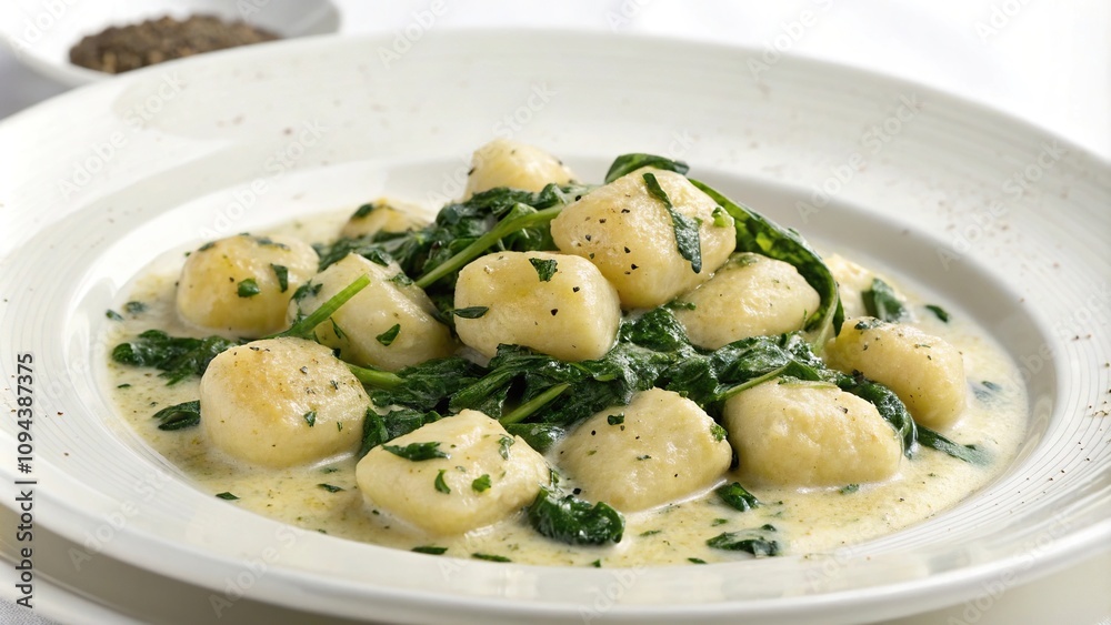 Freshly cooked gnocchi tossed in a light and airy sauce made with wilted spinach and garlic, garlic, light, meal Freshly cooked gnocchi tossed in a light and airy sauce made with wilted spinach and garlic, garlic, light, meal