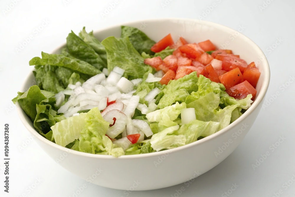 Freshly chopped onions and diced tomatoes added to a bowl of crisp lettuce for a healthy salad, fresh salad, meal prep Freshly chopped onions and diced tomatoes added to a bowl of crisp lettuce for a healthy salad, fresh salad, meal prep