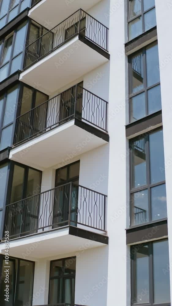 Block of flats on sky background. Modern high-rise apartment building with windows and large balconies. Camera rising up. Vertical video Block of flats on sky background. Modern high-rise apartment building with windows and large balconies. Camera rising up. Vertical video