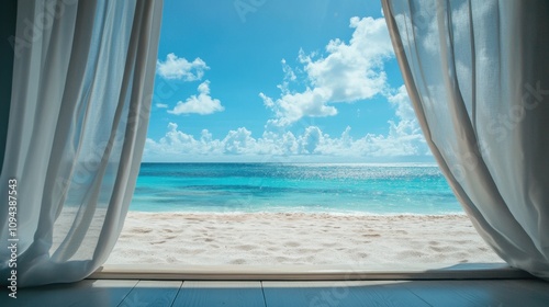 A serene beach view through sheer curtains, inviting relaxation and tranquility.