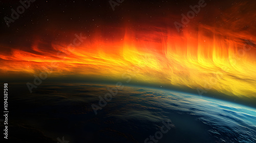 Fototapeta Naklejka Na Ścianę i Meble -  A colorful aurora seen from a space station orbiting Earth with the planet below.