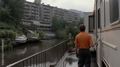 A service technician in an orange uniform is cleaning the door of a white RV in a parking lot with safety gloves and tools