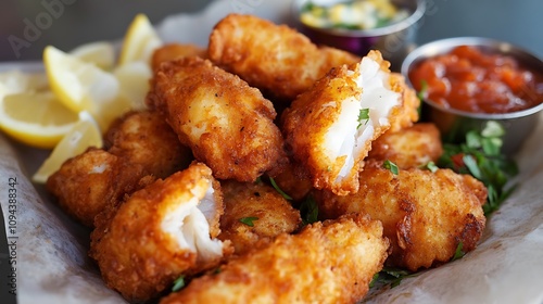 Crispy Fried Fish Sticks with Dipping Sauces � Restaurant Appetizer. AI Generated