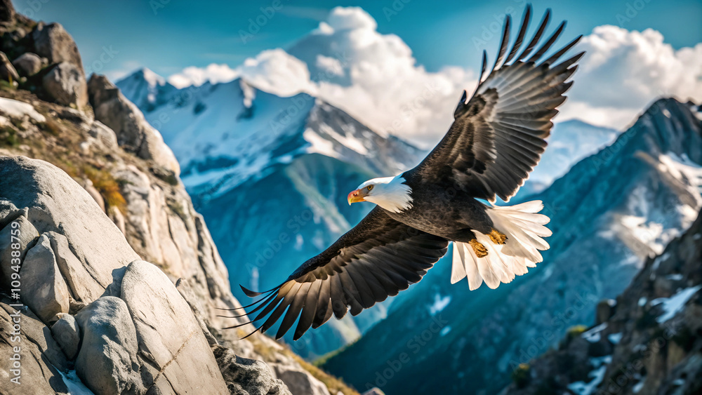 Fototapeta premium Photograph an eagle soaring high above a rugged mountain range
