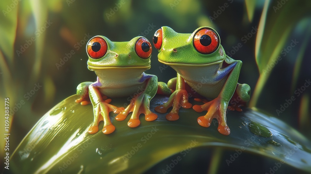 Two vibrant red-eyed tree frogs on a lush green leaf nature photography tropical environment close-up viewpoint biodiversity awareness Two vibrant red-eyed tree frogs on a lush green leaf nature photography tropical environment close-up viewpoint biodiversity awareness
