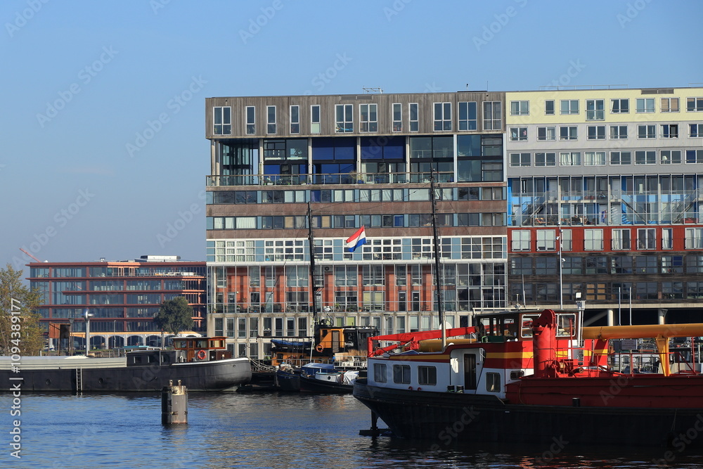 Obraz premium Amsterdam Silodam Building Facades with Boats, Netherlands