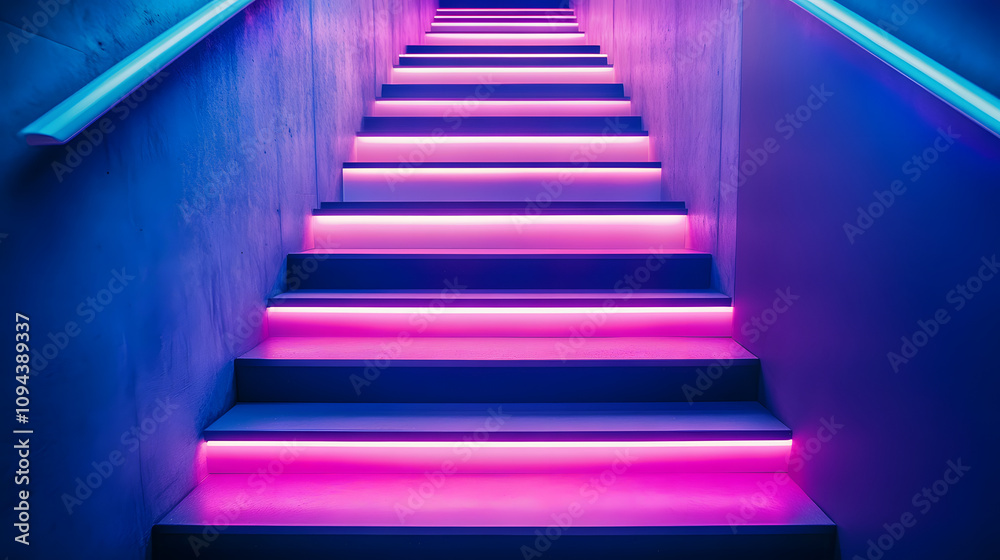 A creative LED staircase with steps glowing in alternating neon shades forming a gradient. A creative LED staircase with steps glowing in alternating neon shades forming a gradient.