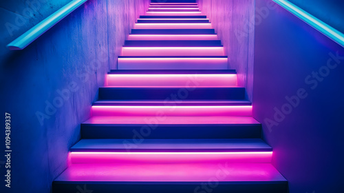 A creative LED staircase with steps glowing in alternating neon shades forming a gradient.