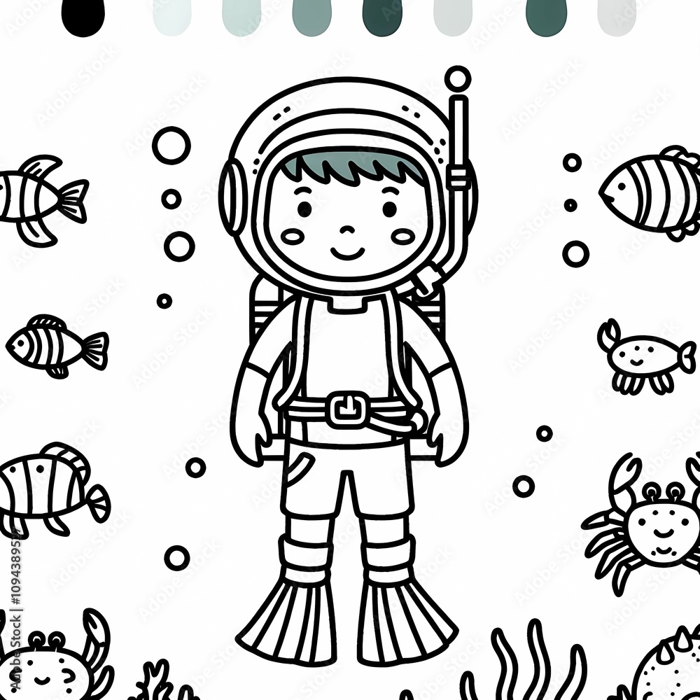 Blank coloring book illustration, a boy wearing a diver's costume is diving. Blank coloring book illustration, a boy wearing a diver's costume is diving.