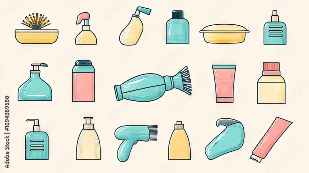 Obraz premium Colorful collection of cleaning and personal care products on a soft background, featuring various bottles and containers.