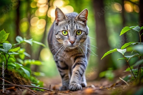 Wallpaper Mural A sleek gray tabby cat with sharp eyes, stalking its prey in a dense forest Torontodigital.ca