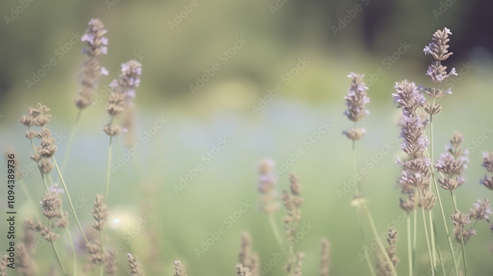 Lavender Flowers Bloom in Soft Green Field Lavender Flowers Bloom in Soft Green Field