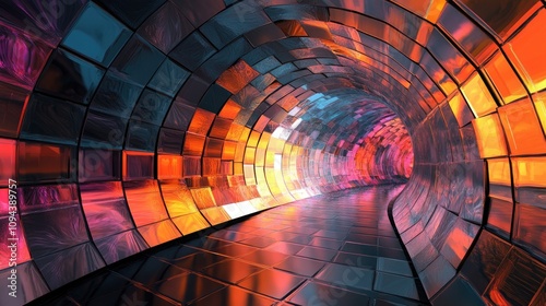 Fototapeta Naklejka Na Ścianę i Meble -  A vibrant abstract tunnel with reflective tiles in shades of orange, red, and blue, creating a dynamic, futuristic atmosphere.