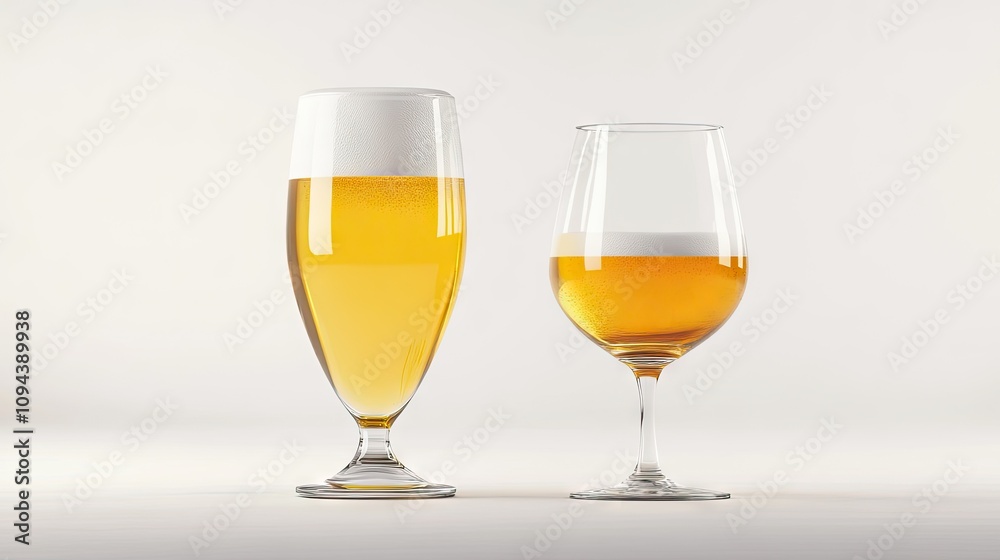 Two elegant glasses of beer showcasing different styles and colors, with crisp bubbles and frothy tops. Two elegant glasses of beer showcasing different styles and colors, with crisp bubbles and frothy tops.