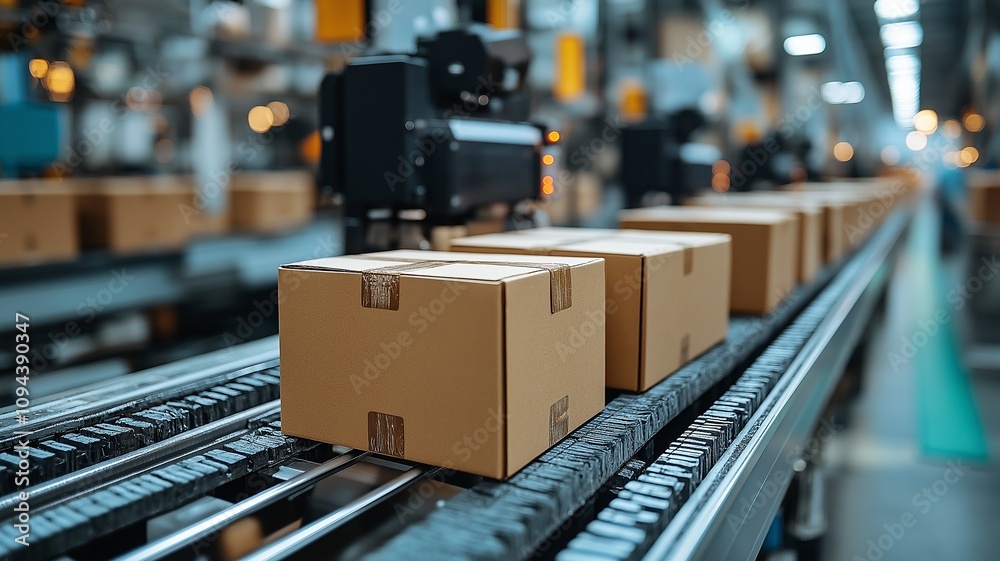Packages Moving on a Conveyor Belt in a Distribution Warehouse at Midday. Generative AI Packages Moving on a Conveyor Belt in a Distribution Warehouse at Midday. Generative AI