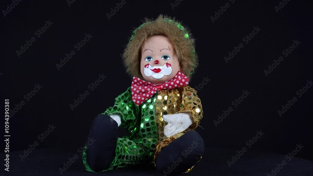 Old Clown Toy Rotates On Black Background. Old Clown Toy Rotates On Black Background.