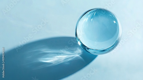 A clear glass sphere casting a delicate shadow on a soft blue background. photo