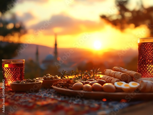 Delightful turkish breakfast spread featuring kaymak and honey scenic sunset view outdoor dining culinary experience photo