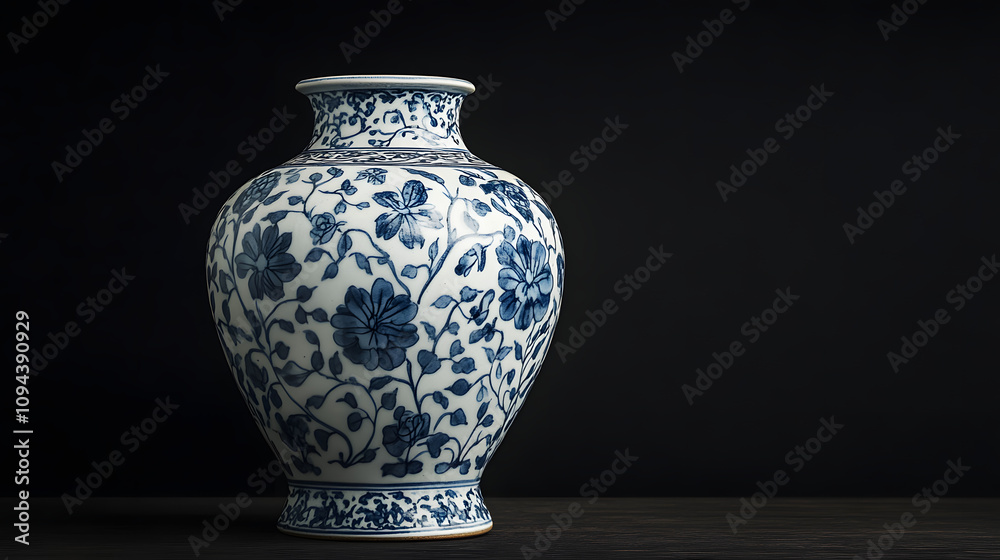 A delicate ceramic vase from the Ming Dynasty adorned with intricate blue-and-white floral patterns. A delicate ceramic vase from the Ming Dynasty adorned with intricate blue-and-white floral patterns.