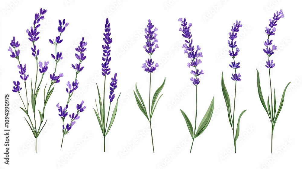 Naklejka premium Illustration of vibrant lavender flowers with purple hues and green leaves on a clean background.