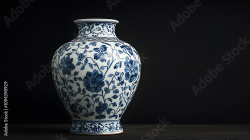 A delicate ceramic vase from the Ming Dynasty adorned with intricate blue-and-white floral patterns. photo