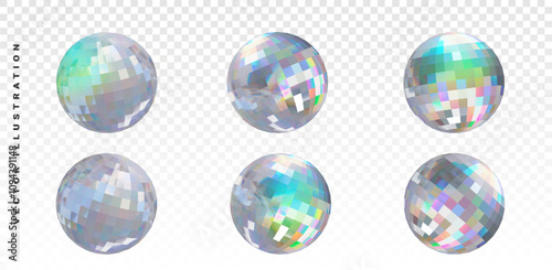 Mirrored disco ball reflecting colored lights. Bright colored rotating disco ball with glare of light on a white background
