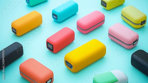 Colorful Portable Power Banks: 3D Render on Aqua Background. AI Generated