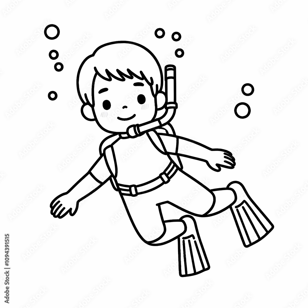 Blank coloring book illustration, a boy wearing a diver's costume is diving. Blank coloring book illustration, a boy wearing a diver's costume is diving.