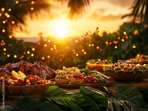 Hawaiian luau buffet celebration with roasted kalua pig in tropical paradise food photography sunset ambiance culinary experience
