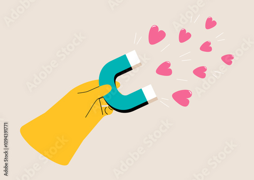 Hand holding magnet and magnetizing likes symbol. Colorful vector illustration
