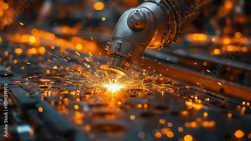 Robotic Arm Welding at an Industrial Facility Creating Sparks During Operation. Generative AI