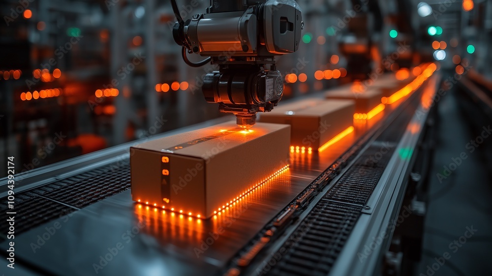 Fototapeta premium Automated Robotic System Sorting Packages on a Conveyor Belt in a Warehouse. Generative AI