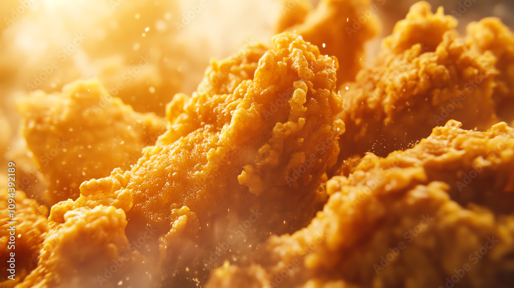 Closeup of golden crispy fried chicken thigh, warm inviting light, ultrarealistic Closeup of golden crispy fried chicken thigh, warm inviting light, ultrarealistic