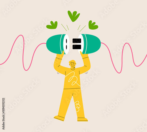 Man unplug electric plug into pocket. Electricity saving concept. Colorful vector illustration