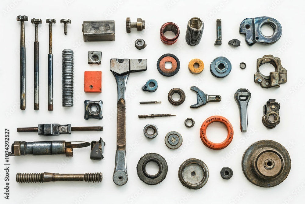 Assorted industrial metal parts arranged on white. Assorted industrial metal parts arranged on white.