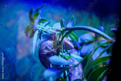 A close-up of a gecko on a plant with vibrant blue lighting in the background. photo