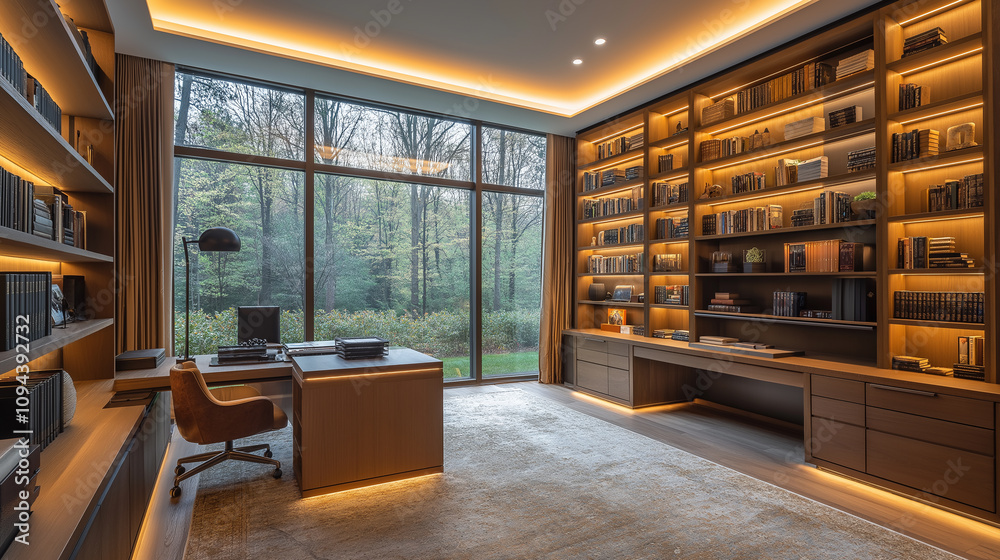 Modern home office with dynamic lighting and extensive bookshelf in a serene forest setting Modern home office with dynamic lighting and extensive bookshelf in a serene forest setting