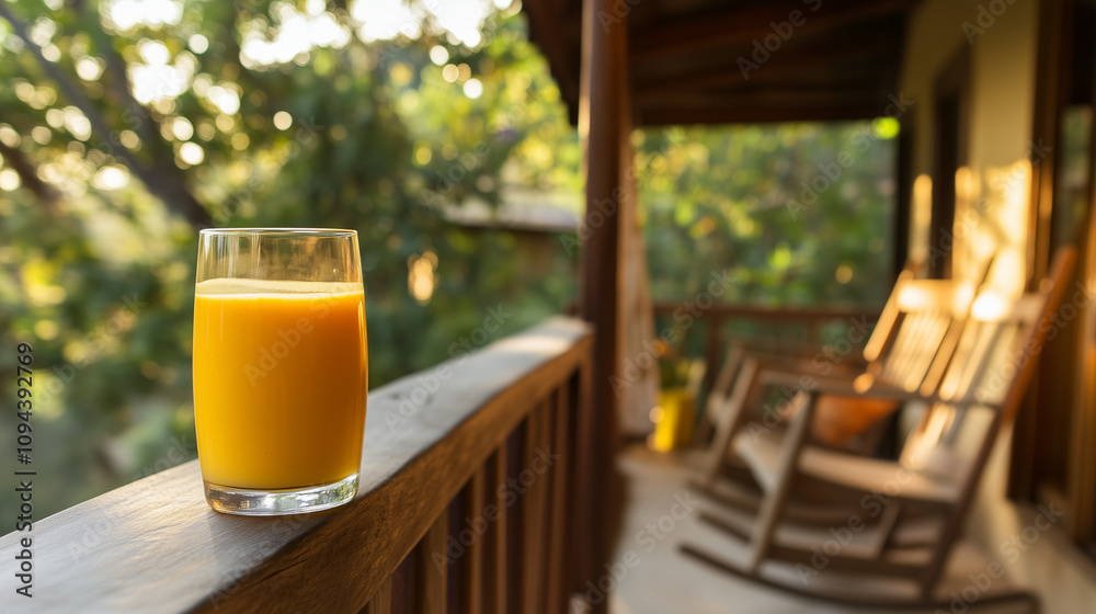 Mango Lassi on rustic porch surrounded by nature Mango Lassi on rustic porch surrounded by nature