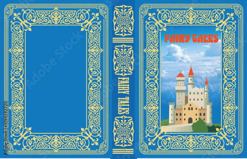 152-10-Blue fairy tales book cover featuring an ornate gold frame and a castle illustration, perfect for children's literature