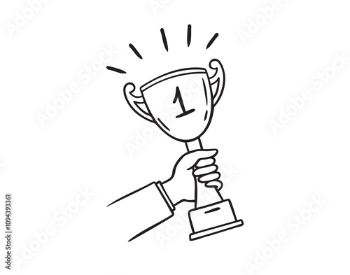 Doodle hand holds champions cup cartoon. hand drawn sketch style winner cup concept design.