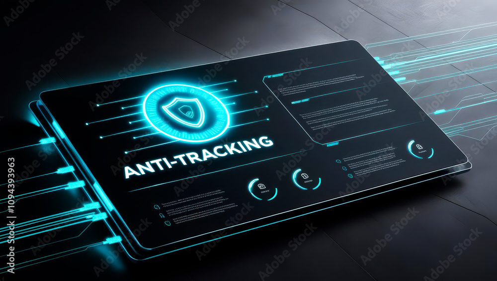 Anti-tracking and privacy software. Digital anti-tracking technology concept on a dark background. Anti-tracking and privacy software. Digital anti-tracking technology concept on a dark background.
