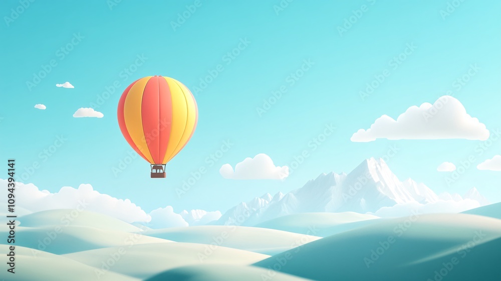 Serene Adventure - 3D Hot Air Balloon Flying over Idyllic Landscape with Rolling Hills and Distant Mountains Serene Adventure - 3D Hot Air Balloon Flying over Idyllic Landscape with Rolling Hills and Distant Mountains