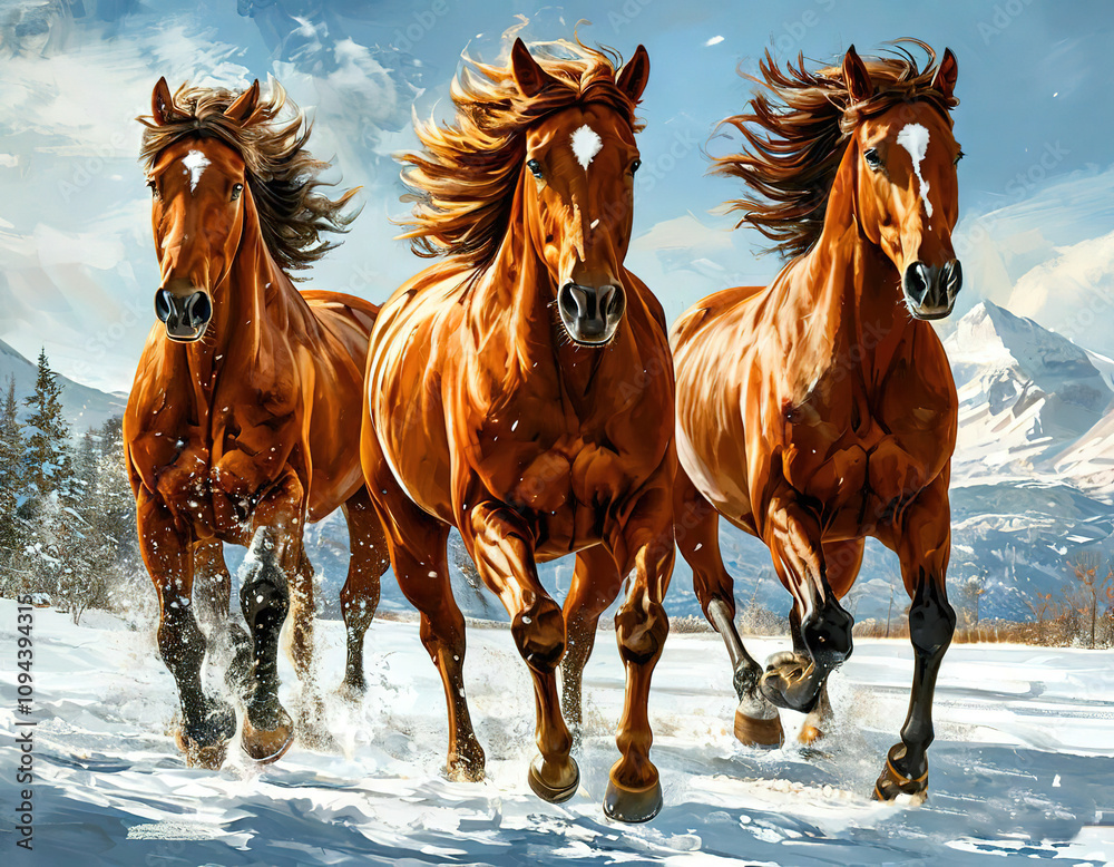 horses running in the snow. beautiful animals illustration.