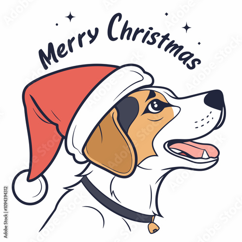 dog face with Christmas hat and typography lettering is "Merry Christmas", white background, 