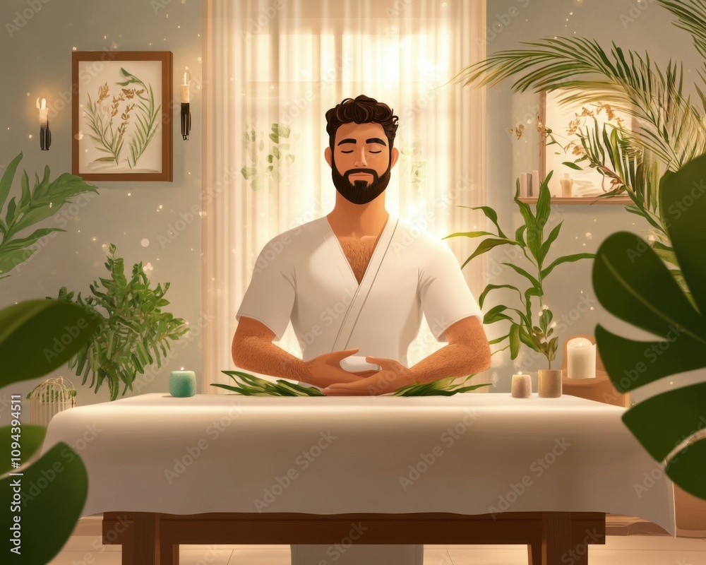 Illustration of man in spa salon enjoying relaxing treatments and tranquil atmosphere Illustration of man in spa salon enjoying relaxing treatments and tranquil atmosphere