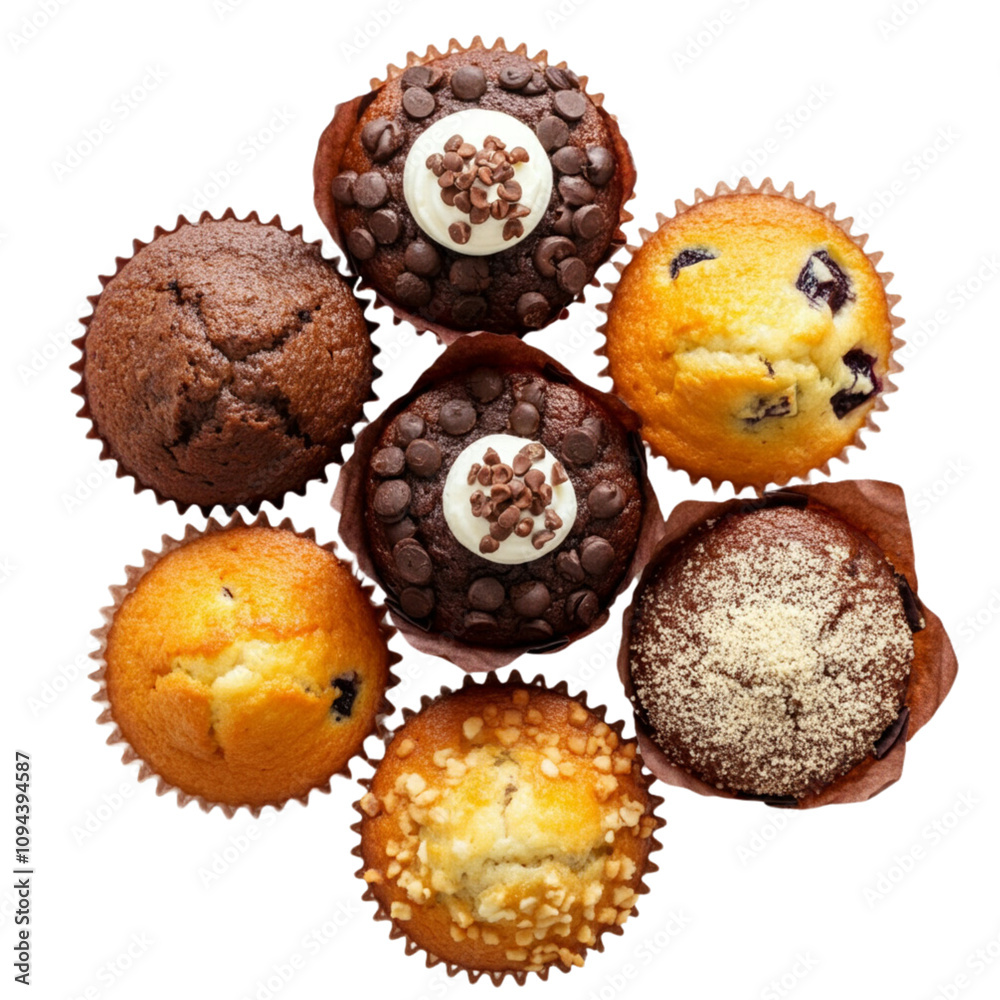 Top view of muffins with different toppings. png isolated background. transparent background. Top view of muffins with different toppings. png isolated background. transparent background.