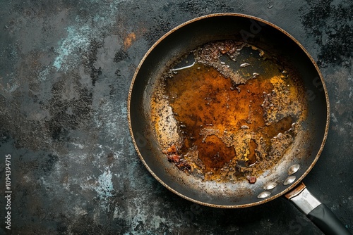 grease in a frying pan, cooking , after cooking, dirty dishes, dirty pan
