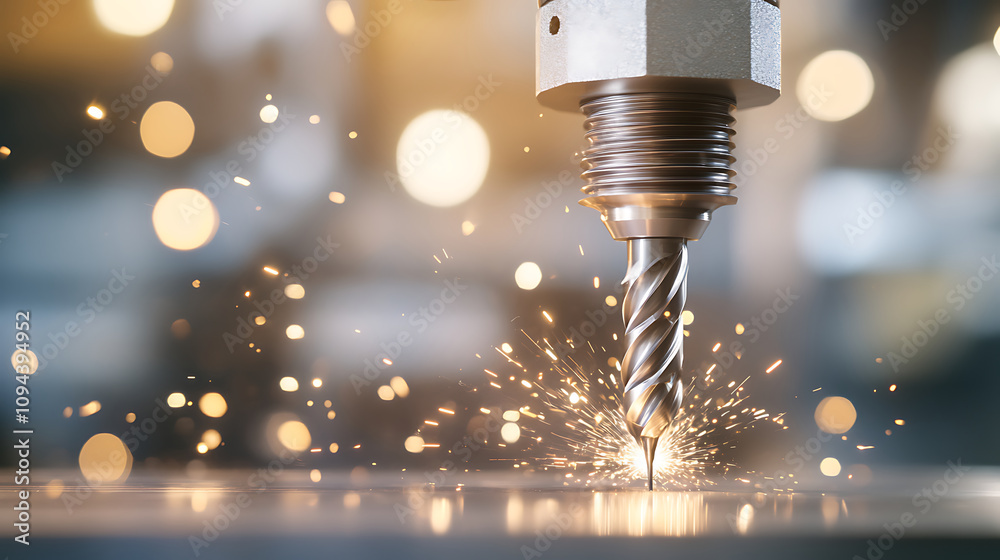 A drill bit penetrating into metal or wood, sparks flying under bright lighting for a high-energy and focused look 