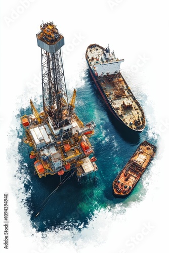 Offshore oil rig, tankers, ocean. photo