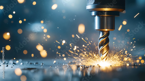 A drill bit penetrating into metal or wood, sparks flying under bright lighting for a high-energy and focused look 